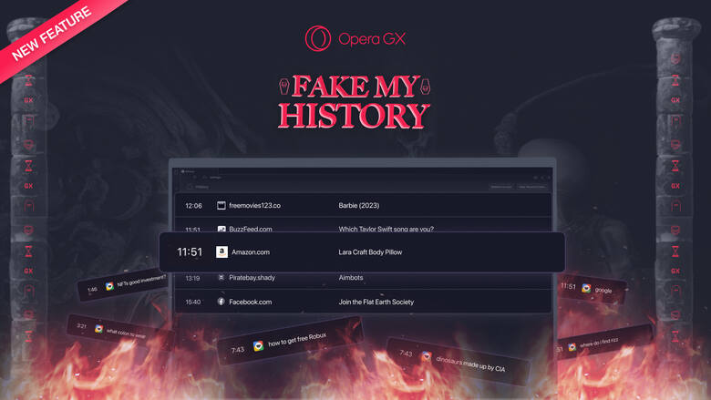 Storna finkcji Fake My History w wyszukiwarce Opera
