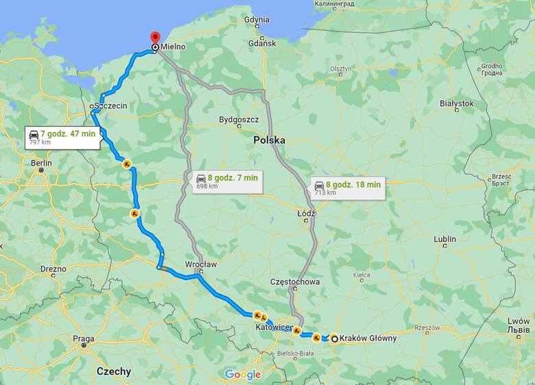 Z Krakowa do Mielna do przejechania jest 797 km.