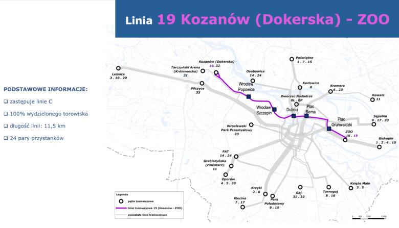 Mapa przedstawia trasę nowej linii tramwajowej numer 19.