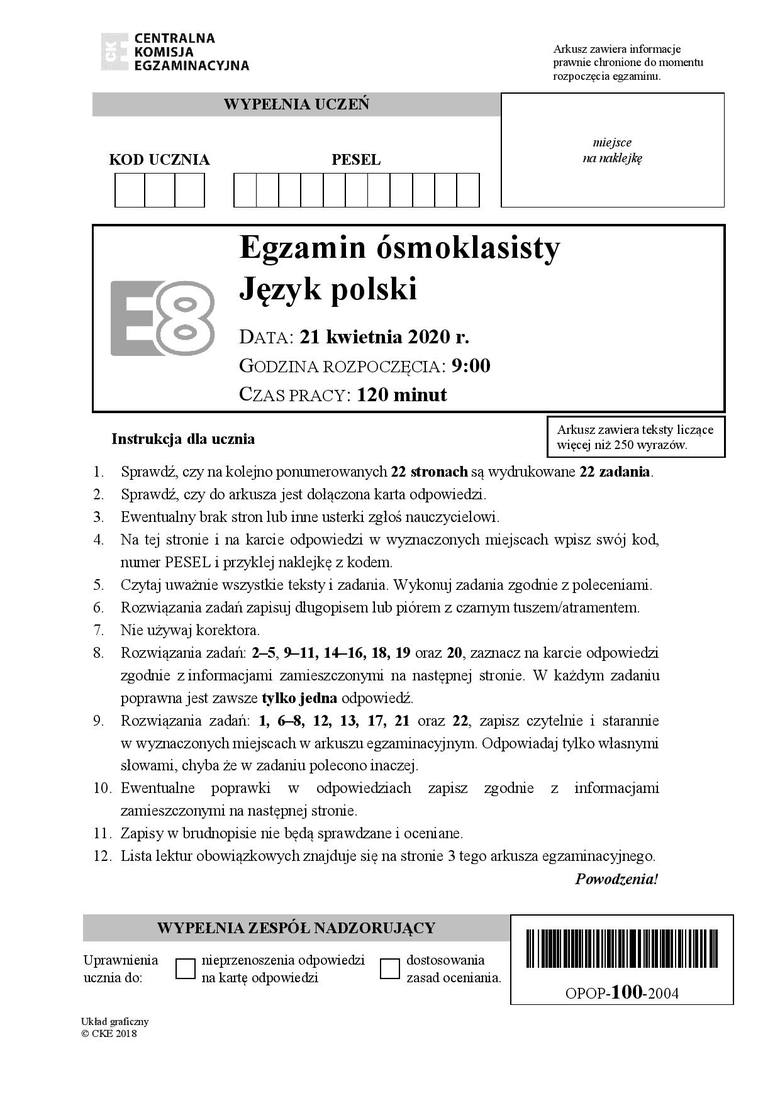 Egzamin ósmoklasisty 2020 - język polski. Odpowiedzi i ...