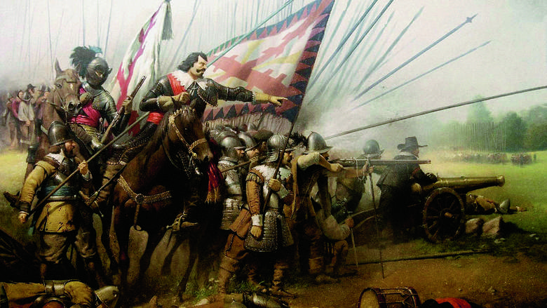 Król Szwecji Gustaw II Adolf w tle bitwa pod Breitenfeld (obraz Johanna Waltera z 1632 r.)