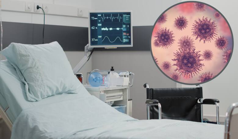 Puste łóżko szpitalne, widok wirusa pod mikroskopem