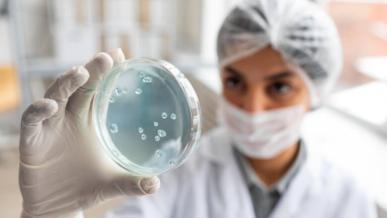 Osoba w laboratorium trzymająca szalkę Petriego