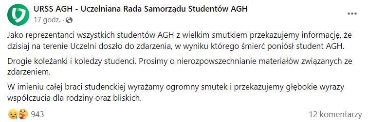 Wypadek na AGH w Krakowie. Zginął 22-letni student. Samorząd prosi o nierozpowszechnianie zdjęć