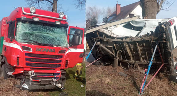 Wypadek w Woli Osowińskiej. Ciężarówka zderzyła się z busem, dwie osoby w szpitalu