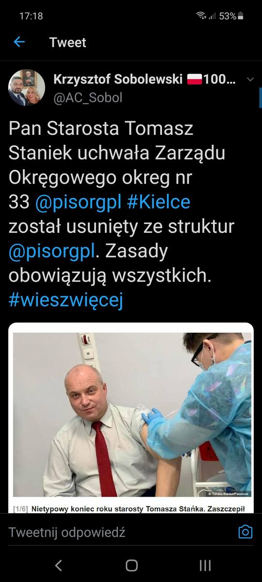 Starosta opatowski Tomasz Staniek wyrzucony z Prawa i Sprawiedliwości! Powodem szczepionka przeciwko Covid-19 