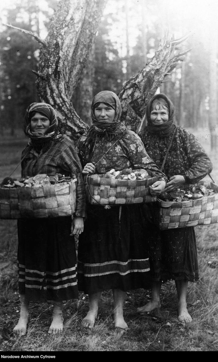 <strong>1935</strong><br /> <br /> Kobiety poleskie wracające z grzybów. Fotografia pozowana.<br />  <br />  