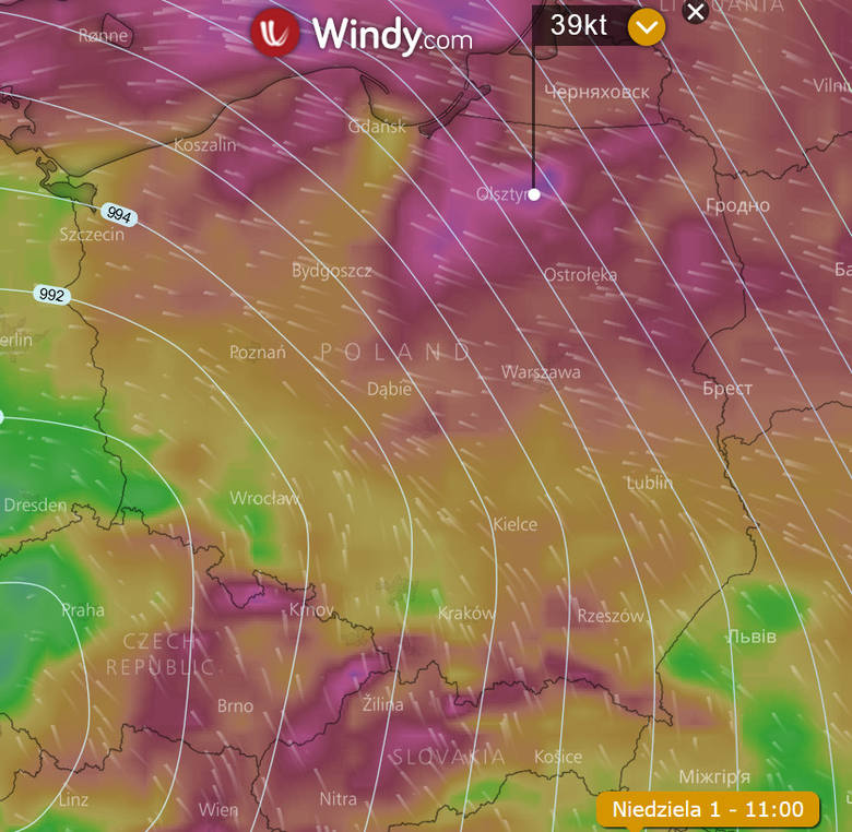 Prognozowane porywy wiatru w Polsce w niedzielę wielkanocną, około godziny 11.00. Wiało będzie również w poniedziałek - wszystko przez to, że przez kraj