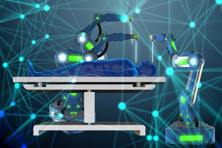 Sztuczna inteligencja i medycyna, ilustracja z człowiekiem na stole operacynym