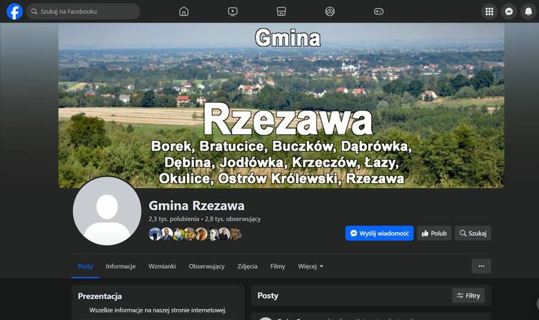 Poprzedni fanpage gminy Rzezawa na Facebooku, zniknęło logo gminy ze zdjęcia profilowego, możliwość komentowania pod wpisami jest wyłączona