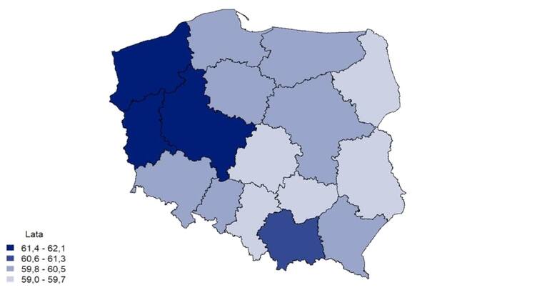 Tak wygląda mapa oczekiwanej długości trwanie życia w zdrowiu dla mężczyzn w 2022 r. w podziale na województwa.