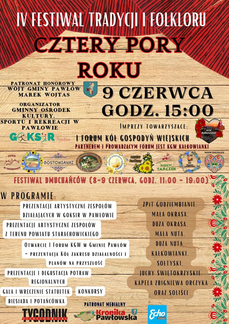 Festiwal Tradycji i Folkloru „Cztery Pory Roku” w Pawłowie. Będą występy, degustacje, biesiada, potańcówka i dmuchańce dla dzieci