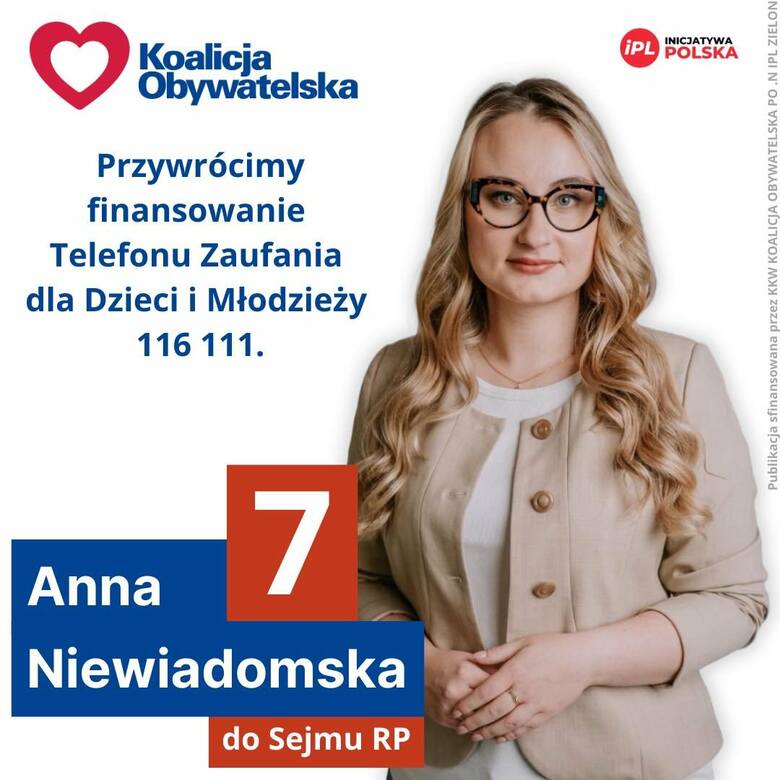 W niedawnych wyborach do Sejmu Anna Niewiadomska startowała z okręgu 4. Reprezentowała w Koalicji Obywatelskiej Inicjatywę Polską Barbary Nowackiej.