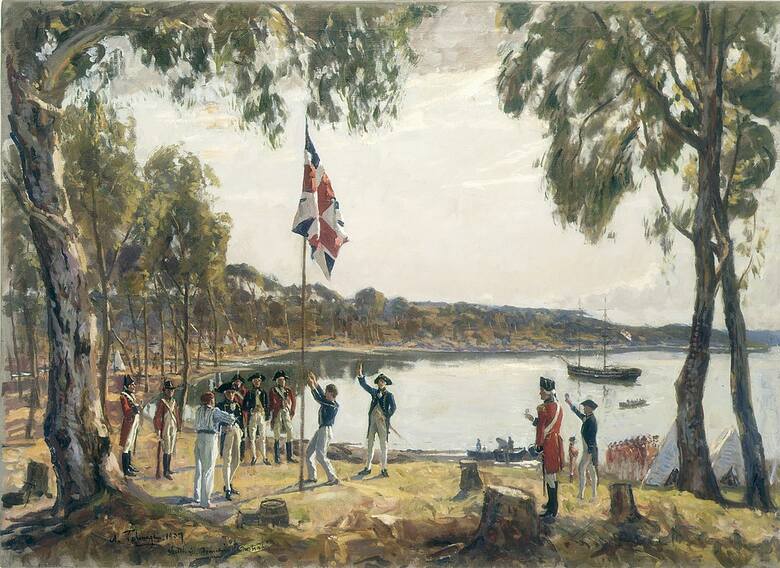 Kapitan Arthur Philip odczytuje rozkaz króla o założeniu brytyjskiej kolonii w Australii.