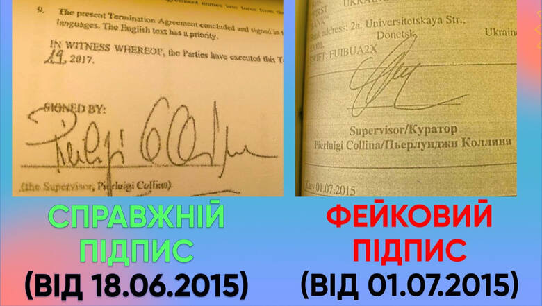 Porównanie podpisów Pierluigiego Colliny złożonych na dokumentach UAF. Z lewej – właściwy podpis, z prawej – fałszywy podpis