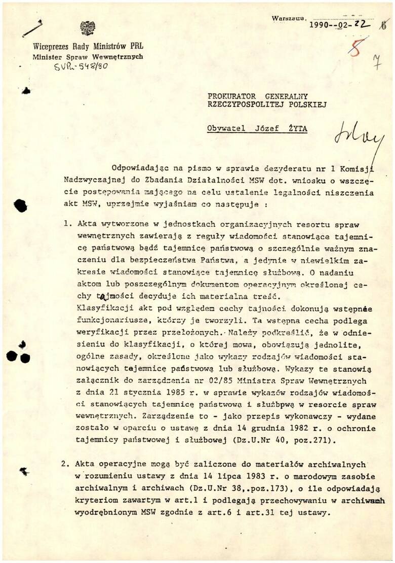 Odpowiedź generała brygady Zbigniewa Pudysza do Prokuratora Generalnego na oskarżenie MSW o niszczenie nielegalne akt, Warszawa dn. 22.02.1990 r. Źródło: