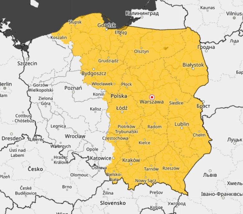 Regiony zaznaczone na żółto zagrożone są burzami z opadami gradu.