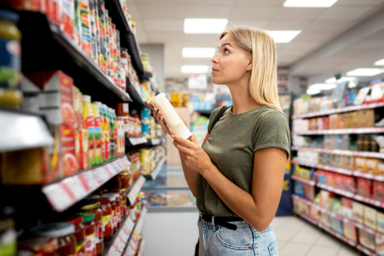 Młoda kobieta ogląda produkty spożywcze przy sklepowej półce