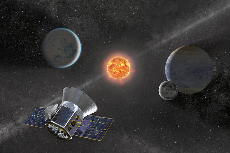 Ilustracja przedstawia przelot sondy egzoplanetowej NASA TESS w pobliżu karłowatej gwiazdy M z orbitującymi planetami.