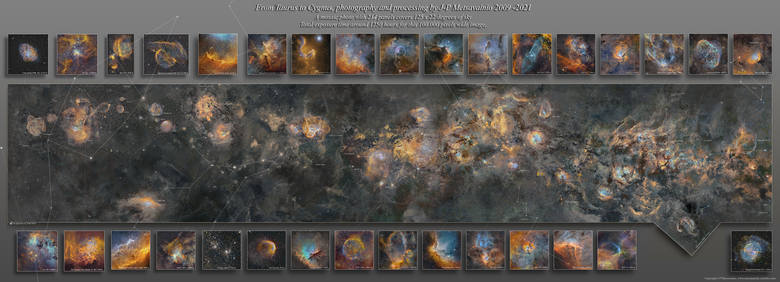 Umiejscowienie poszczególnych obiektów, takich jak mgławice. Panoramiczne, mozaikowe zdjęcie zostało złożone z 234 paneli, których łączny czas naświetlania