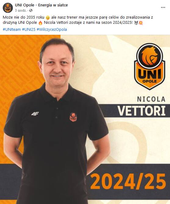 Kolejny sezon będzie dla Nicoli Vettoriego już siódmym w roli trenera Uni Opole.