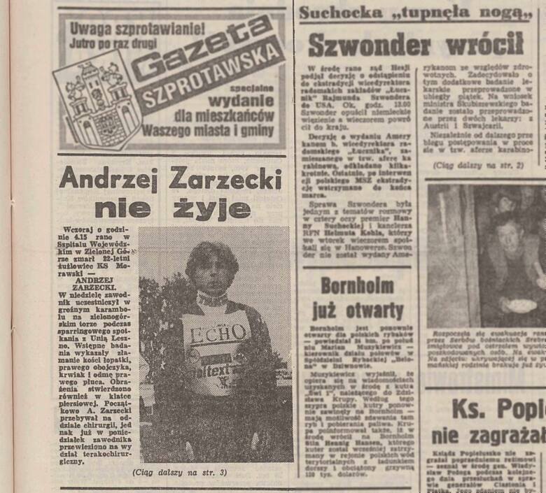 Informacja o śmierci Andrzeja Zarzeckiego na łamach czwartkowego (z 25 marca 1993 roku) wydania "Gazety Lubuskiej".
