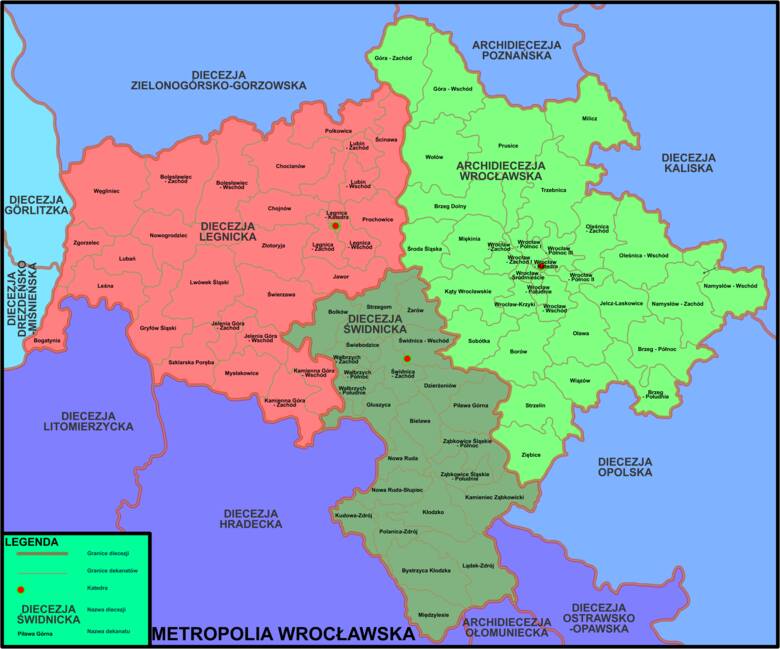 Mapa diecezji dolnośląskich.