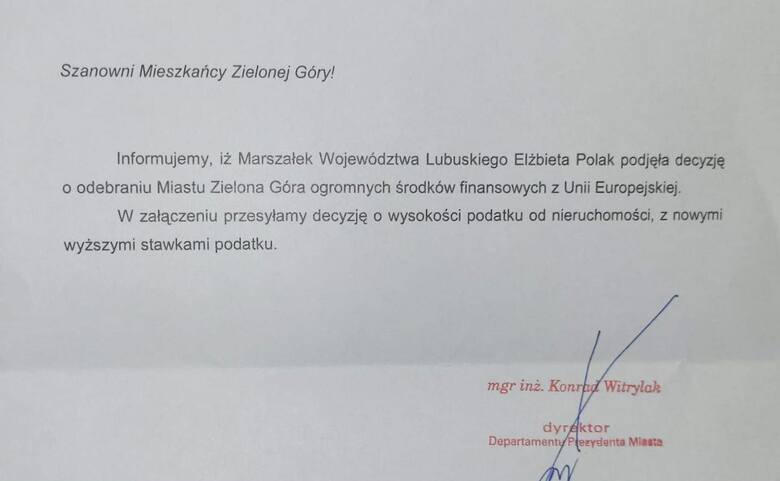 Urząd miasta wysyła pismo do mieszkańców. Marszałek Polak już grozi procesem