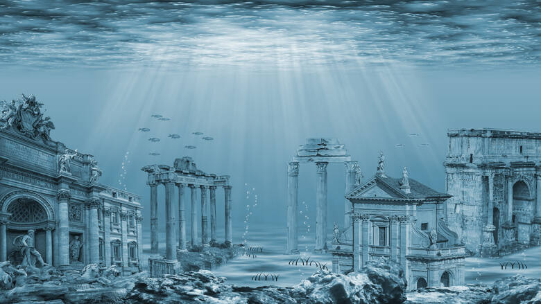 Grafika przedstawiająca starożytne ruiny pod wodą