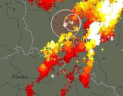 Mapa burzowa nad Wrocławiem. Stan na godzinę 22.25.