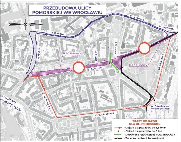 Mapa objazdów ul. Pomorskiej i zachodniej części pl. Staszica