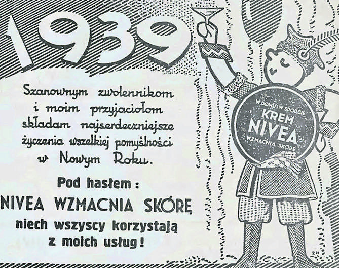 Reklama kremu Nivea zamieszczona wraz z życzeniami w noworocznym wydaniu „Słowa Pomorskiego” z 1939 roku<br /> 