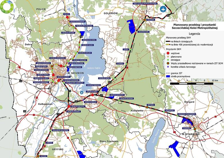 Planowany przebieg i przystanki Szczecińskiej Kolei Metropolitalnej