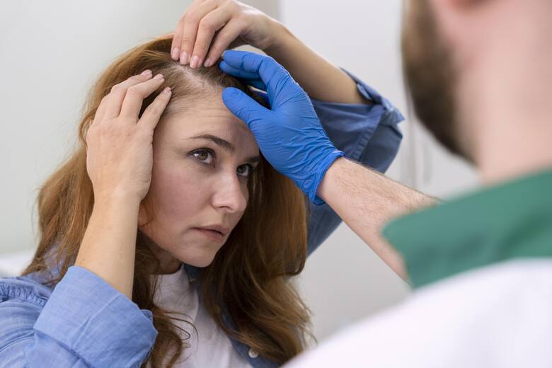 Trycholog ogląda skórę głowy pacjentki