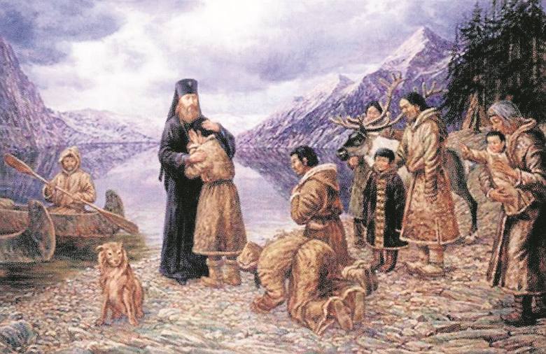 Rosyjski duchowny Tichon (późniejszy patriarcha Moskwy) żegna się się ze swoimi  wiernymi przed opuszczeniem Alaski w 1905 r.