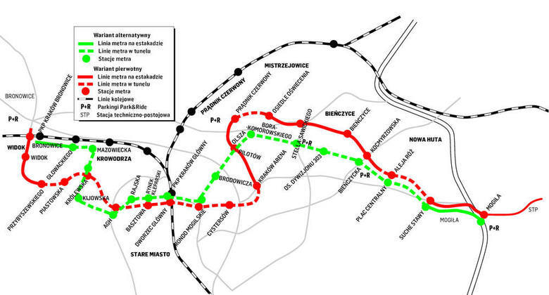Wstępna koncepcja linii metra z Nowej Huty przez centrum do Bronowic z 2014 r.