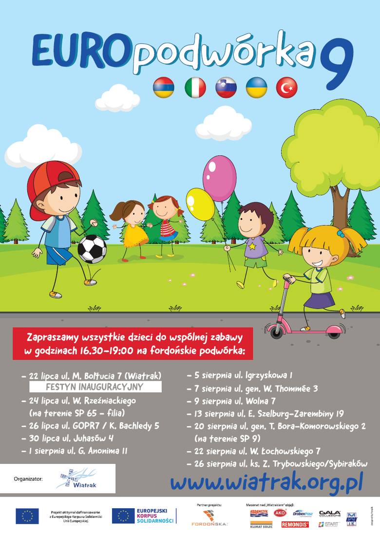 Zabawy i nauka języków z zagranicznymi wolontariuszami na Europodwórkach w Fordonie. Dzieci zaprasza bydgoska Fundacja Wiatrak