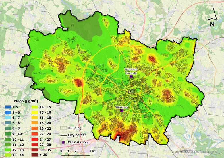 Mapa prezentująca średnie zanieczyszczenie powietrza we Wrocławiu w roku 2022.