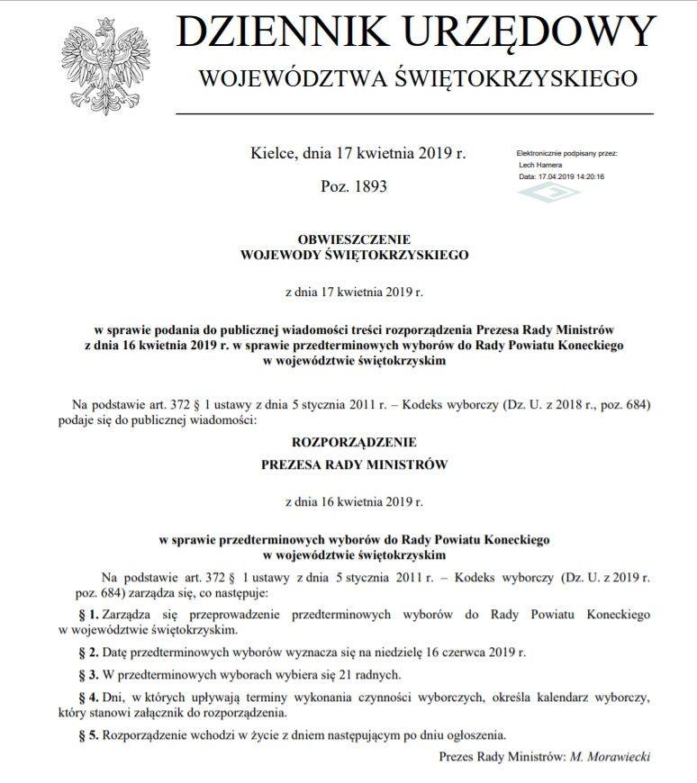 16 czerwca przedterminowe wybory do Rady Powiatu Koneckiego. Taki termin wyznaczył prezes Rady Ministrów Mateusz Morawiecki