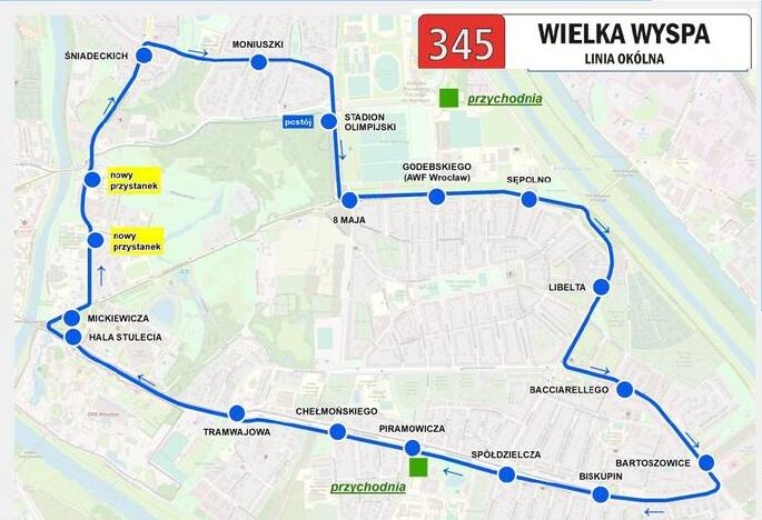 Mapa trasy nowej linii autobusowej 345