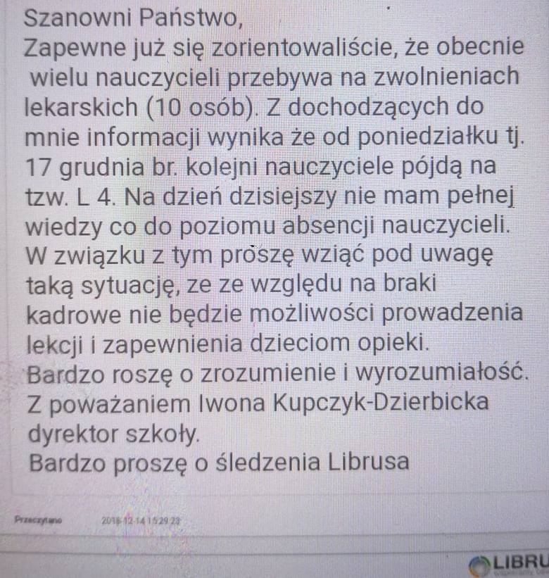 Kopia wiadomości od dyrektora SP nr 65 w Łodzi przesłana przez ojca jednego z uczniów tej podstawówki