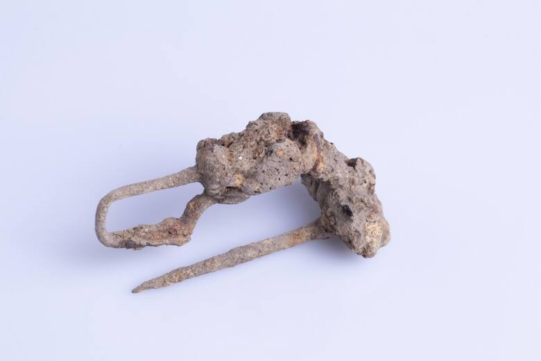 Żelazna fibula, czyli rodzaj ozdobnej zapinki do spinania szat, to kolejne odkrycie, którego dokonano w Samborowicach. Mimo znacznego upływu czasu, zapinka