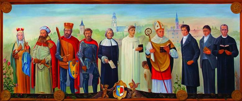 Na obrazie stoją od lewej: św. Jadwiga Śląska, książę Henryk Brodaty, książę  Bolko II, książę Bernard, Melchior Ferdynand von Gaschin, Augustyn Błazik,