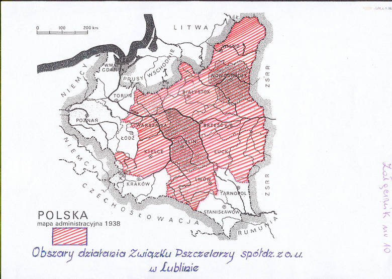 Mapa administracyjna II Rzeczpospolitej z 1938 r. z zaznaczonym obszarem działania Spółdzielni Związek Pszczelarzy z ograniczonymi udziałami w Lublinie.