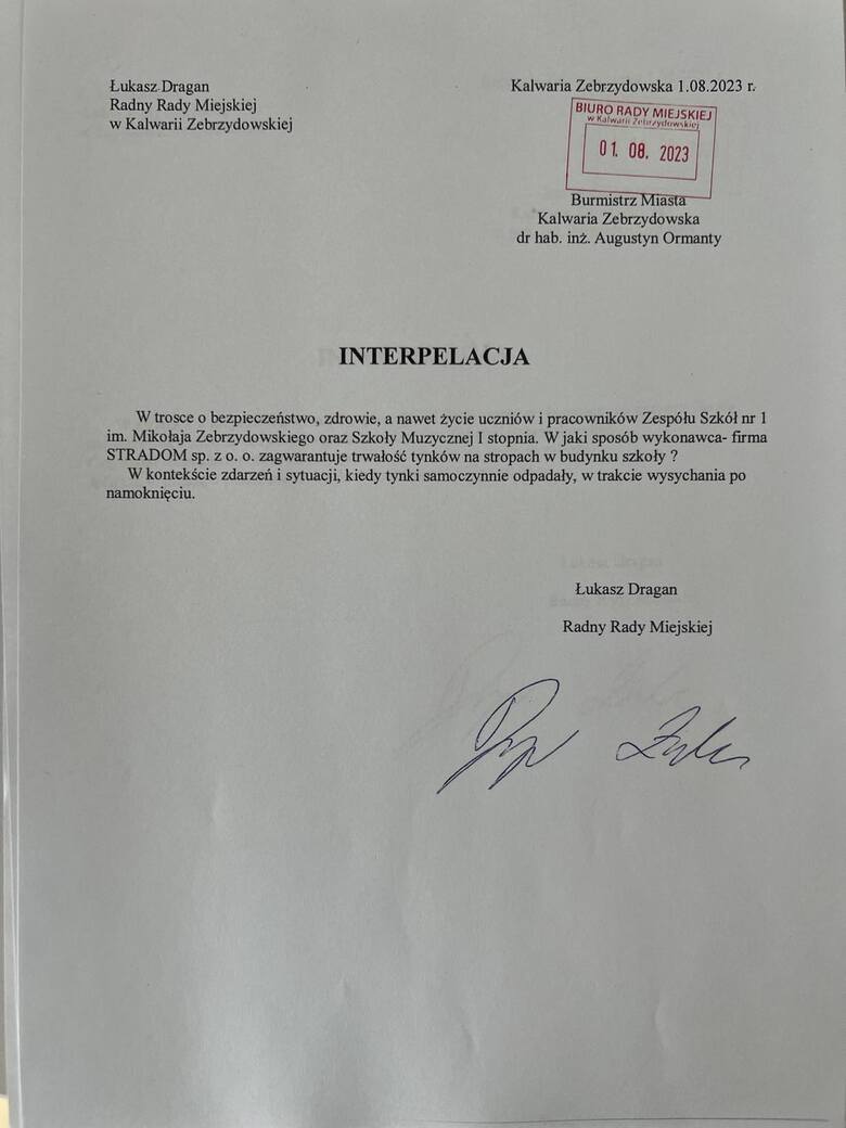 Pismo radnego Łukasza Dragana
