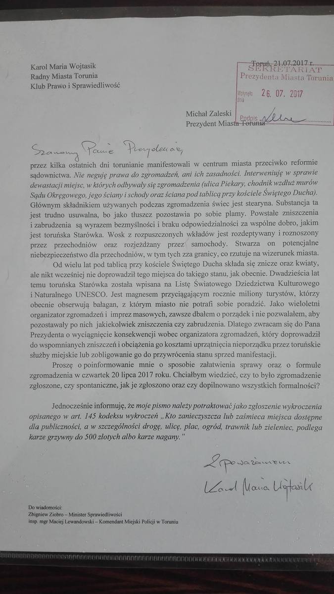 Jest pismo ws. ukarania organizatorów manifestacji pod sądem w Toruniu