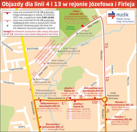 Mapa objazdów dla autobusów linii 4 i 13 w rejonie Józefowa i Firleja.