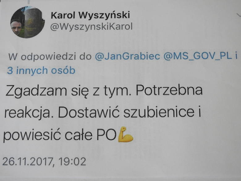 Wypowiedź posła Wyszyńskiego na portalu społecznościowym Twitter