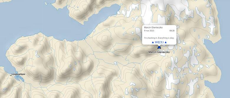 Mapa Svalbardu określająca pozycję Marcina Gienieczki na początku piątego dnia wyprawy