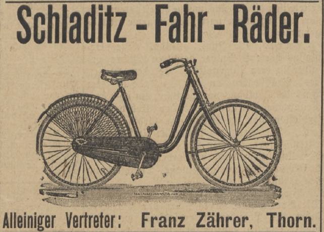 W gazetach z 13 i 14 czerwca 1897 roku pojawiło się sporo reklam rowerowych. Oto jedna z nich. Jak widać, nasz dobry znajomy z ul. Ducha Świętego Franz Zährer, handlował nie tylko żelazem. Był również przedstawicielem jednej z firm produkujących jednoślady.